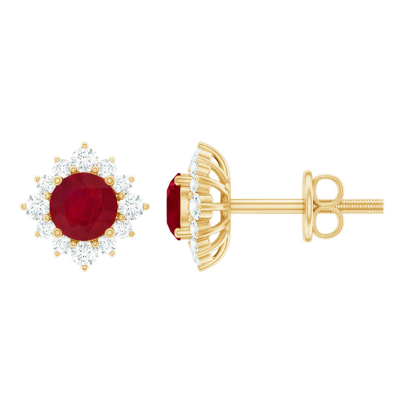 Natural Ruby Stud Earrings with Diamond Halo