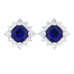 Genuine 0.8 Carat Blue Sapphire Stud Earrings with Diamond Halo