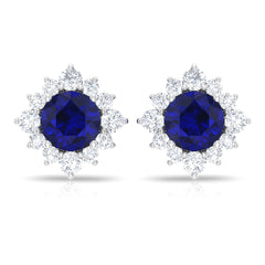 Genuine 0.8 Carat Blue Sapphire Stud Earrings with Diamond Halo
