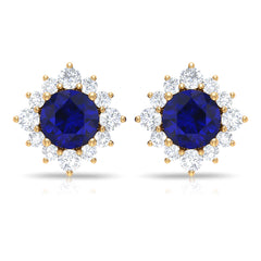 Genuine 0.8 Carat Blue Sapphire Stud Earrings with Diamond Halo