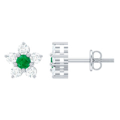 Real Emerald and Diamond Flower Cluster Stud Earrings