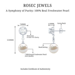 7MM Freshwater Pearl Flower Drop Earrings with Moissanite
