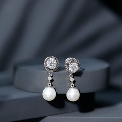 7MM Freshwater Pearl Flower Drop Earrings with Moissanite