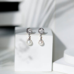 7MM Freshwater Pearl Flower Drop Earrings with Moissanite