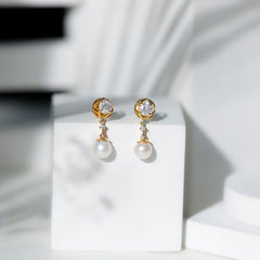 7MM Freshwater Pearl Flower Drop Earrings with Moissanite