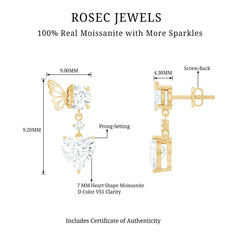 4 CT Heart Shape Moissanite Drop Earrings with Butterfly