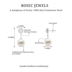 Real Pearl and Diamond Dangle Drop Earrings