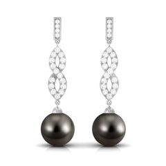 Cultured 16 Carat Tahitian Pearl Dangle Earrings with Diamond Infinity Knot