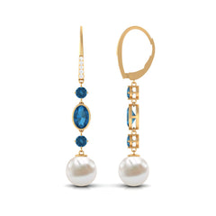 London Blue Topaz and Freshwater Pearl Dangle Earrings with Moissanite