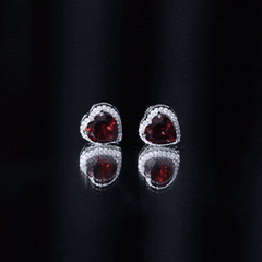 Natural 8 MM Garnet Heart Stud Earrings with Moissanite Halo