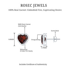 Natural 8 MM Garnet Heart Stud Earrings with Moissanite Halo
