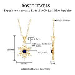 Contemporary Blue Sapphire and Diamond Snowflake Pendant Necklace