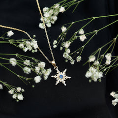 Contemporary Blue Sapphire and Diamond Snowflake Pendant Necklace