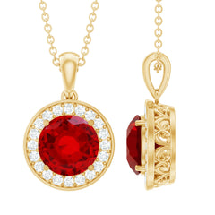 Lab Grown Ruby Round Halo Necklace with Moissanite