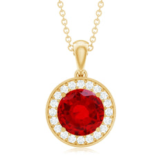 Lab Grown Ruby Round Halo Necklace with Moissanite