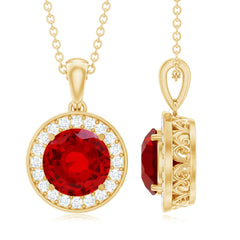 Lab Grown Ruby Round Halo Necklace with Moissanite