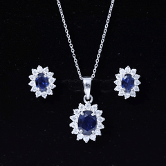 Princess Diana Inspired Lab Grown Blue Sapphire Necklace Earrings Set in Silver