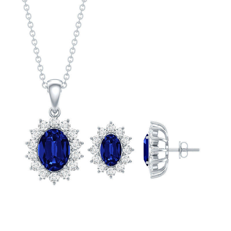Princess Diana Inspired Lab Grown Blue Sapphire Necklace Earrings Set in Silver