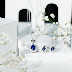 Princess Diana Inspired Lab Grown Blue Sapphire Necklace Earrings Set in Silver