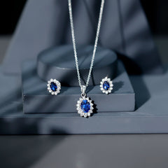 Princess Diana Inspired Lab Grown Blue Sapphire Necklace Earrings Set in Silver