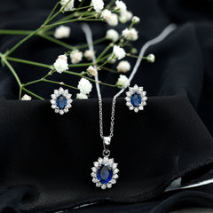 Princess Diana Inspired Lab Grown Blue Sapphire Necklace Earrings Set in Silver