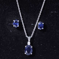 Sterling Silver Lab Grown Blue Sapphire Bridal Necklace and Earrings Set