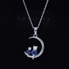 Genuine Blue Sapphire and Diamond Cat On Moon Necklace With Chain