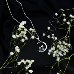 Genuine Blue Sapphire and Diamond Cat On Moon Necklace With Chain