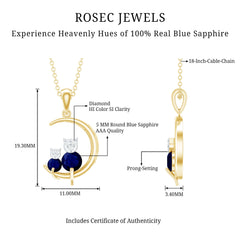 Genuine Blue Sapphire and Diamond Cat On Moon Necklace With Chain