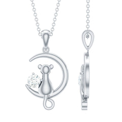 Certified Diamond Cat on Moon Necklace