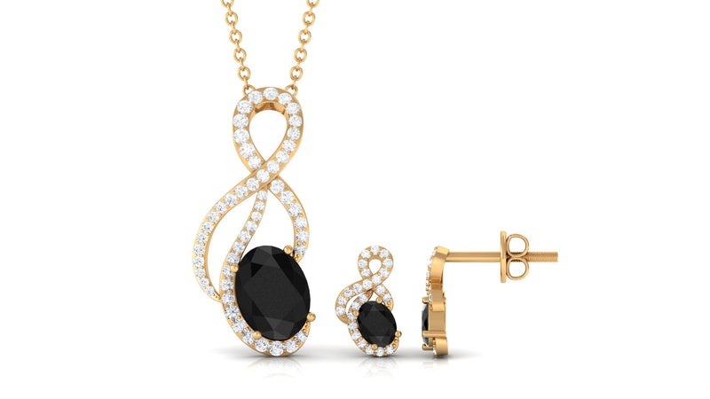 Natural Oval Black Onyx Diamond Infinity Jewelry Set with Certificate