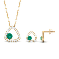 Certified Natural Emerald Geometric Necklace and Earrings Set with Moissanite