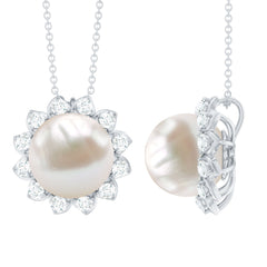 Freshwater Pearl and Moissanite Cocktail Flower Pendant Necklace