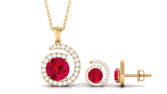 Created Ruby and Moissanite Swirl Pendant and Earrings Set