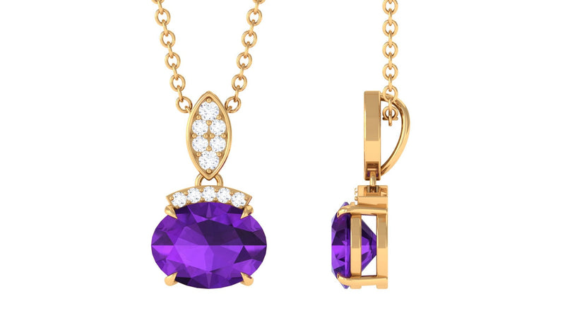 Real 1 Carat Oval Amethyst Diamond Necklace in East West Style