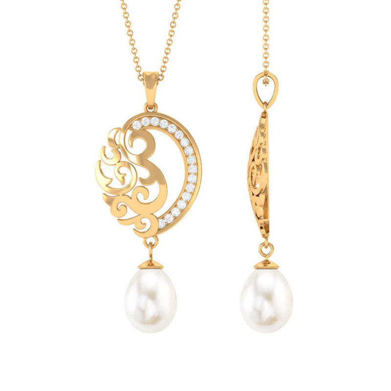 Freshwater Pearl Art Deco Drop Pendant with Diamond