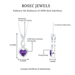 Certified 2 Carat Amethyst Infinity Heart Necklace with Silver Chain