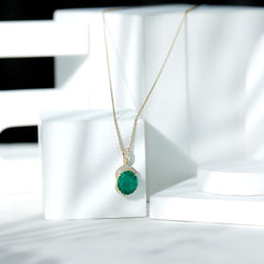 Lab Grown Emerald Vintage Inspired Pendant Necklace with Diamond