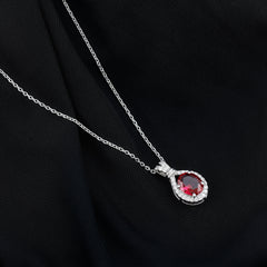Classic Lab Grown Ruby Drop Pendant Necklace With Diamond Halo