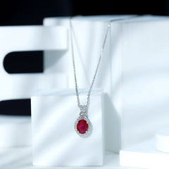 Classic Lab Grown Ruby Drop Pendant Necklace With Diamond Halo