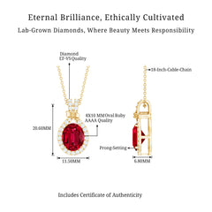 Classic Lab Grown Ruby Drop Pendant Necklace With Diamond Halo