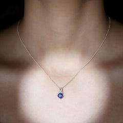 Cushion Cut Lab Grown Blue Sapphire Solitaire Necklace with Diamond