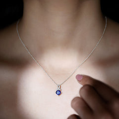 Cushion Cut Lab Grown Blue Sapphire Solitaire Necklace with Diamond