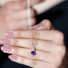 Cushion Cut Lab Grown Blue Sapphire Solitaire Necklace with Diamond
