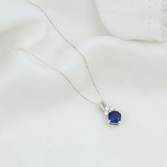 Cushion Cut Lab Grown Blue Sapphire Solitaire Necklace with Diamond