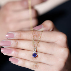 Cushion Cut Lab Grown Blue Sapphire Solitaire Necklace with Diamond