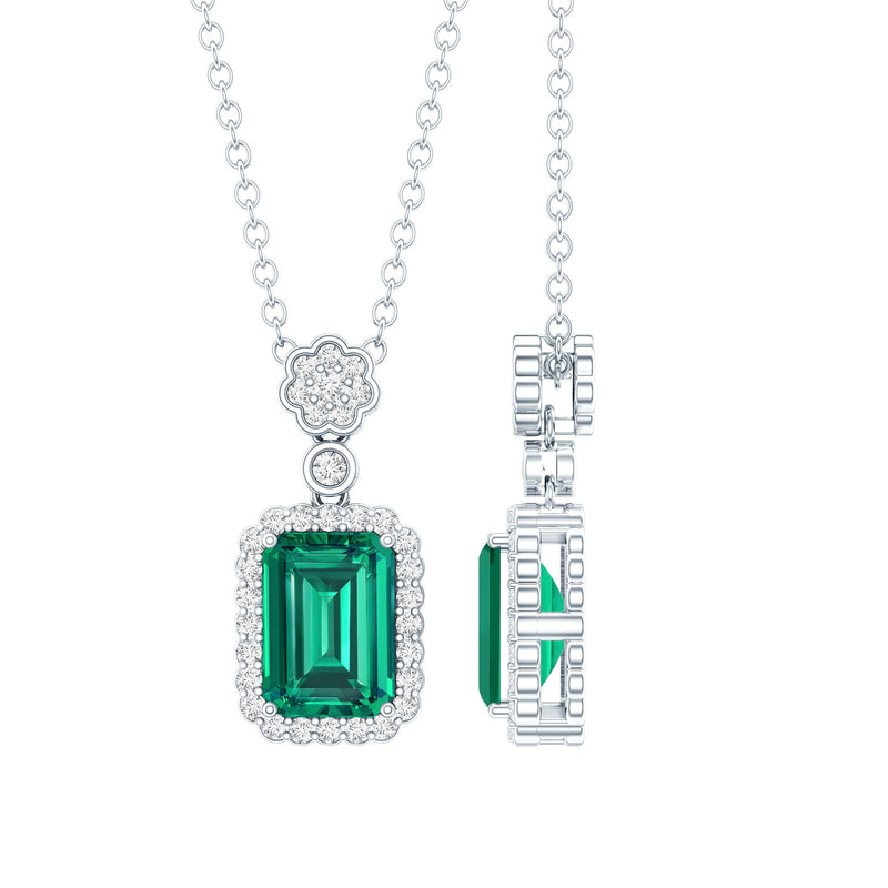 Vintage Style 1.6 Carat Lab Grown Emerald Necklace with Silver Chain
