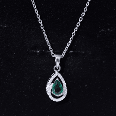 Sterling Silver 0.7 Carat Lab Grown Emerald Teardrop Pendant Necklace with Moissanite