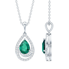 Sterling Silver 0.7 Carat Lab Grown Emerald Teardrop Pendant Necklace with Moissanite