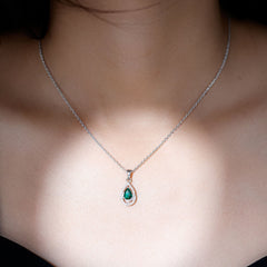 Sterling Silver 0.7 Carat Lab Grown Emerald Teardrop Pendant Necklace with Moissanite